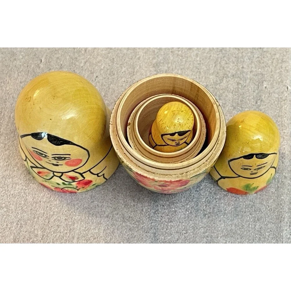 Vintage USSR Russian Matryoshka Nesting Dolls Set of 3 Hand Painted Wood